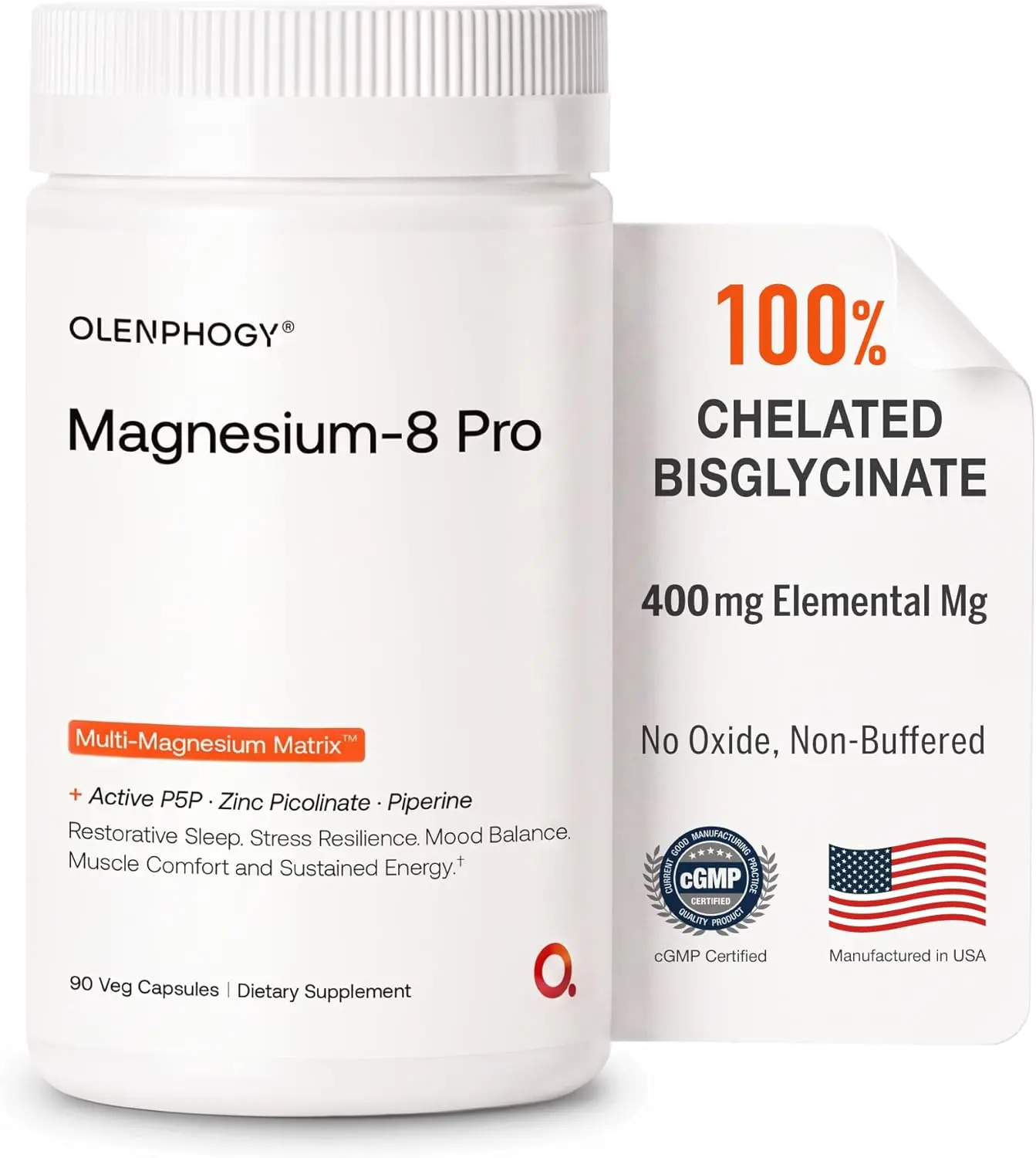 Olenphogy Magnesium-8 Pro, 8-in-1 Chelated Magnesium Glycinate Complex, High Absorption Magnesium for Better Sleep and Stress Support, Cortisol Support, including Citrate, Taurate, Malate, Orotate, 400mg Elemental Magnesium, 90 Capsules