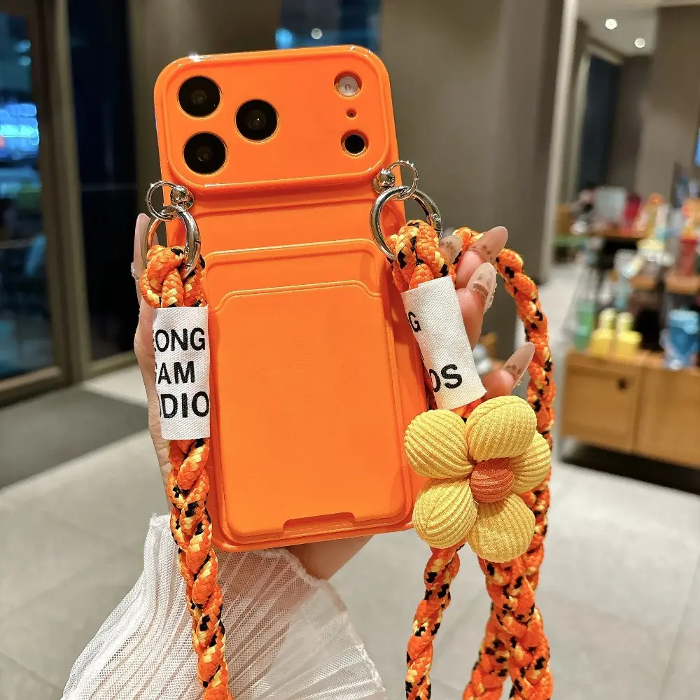 Custom Braided Cord Card Holder Phone Case Casing For iPhone 17 16 15 14 13 12 11 Pro Max Silicone Card Holder with Braided Cord Phone Case Phone Lanyard Phone Sling Phone Charms
