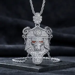 Full Diamond Samurai Skull Pendant, Heavy-Duty Build, Dark Hip Hop Style, Unisex Streetwear & Halloween Jewelry