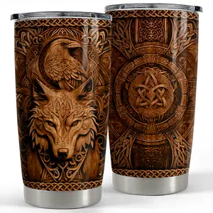 Brown Viking Wolf 20oz Tumbler with Lid Stainless Steel Vacuum Insulated Travel Coffee Cup Unique Viking Totem Gift for Men Dad or Husband Birthday Christmas Present
