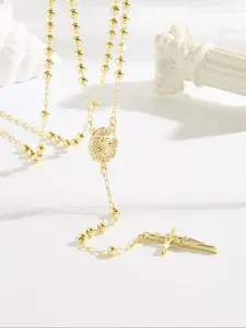 Fashionable Virgin Mary Jesus Cross Beaded Necklace, Cross Design Pendant, Simple Copper Plated 14k Oxidized Zircon Jewelry, 4mm Round Beads 24 Inch Gift