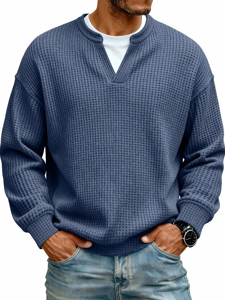 Men's Soft Long-Sleeve Henley Polo Shirt - 3D Checkered Texture Waffle Knit Top, Breathable Loose-Fit Casual Knitwear, All-Season Menswear