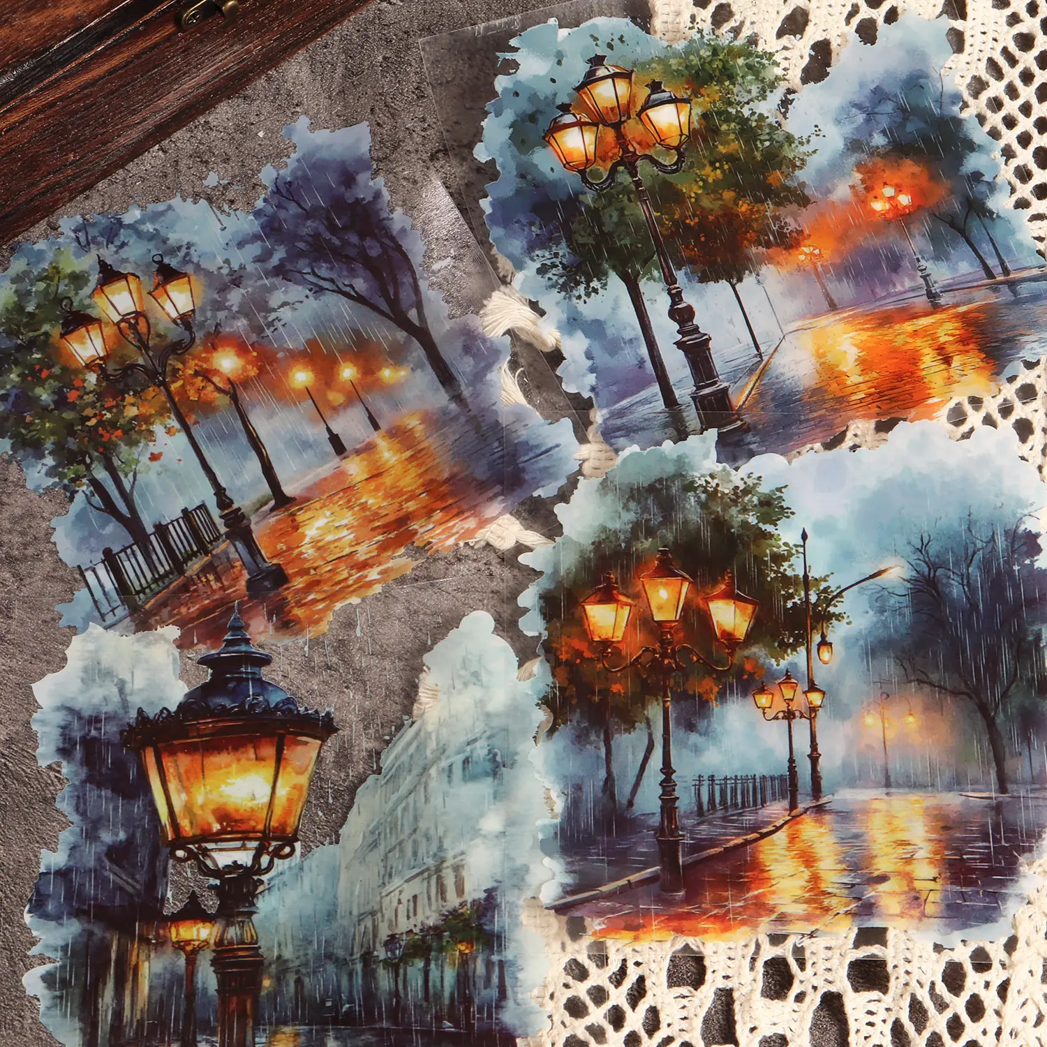JAIIMAN 10sheets PET Watercolor Rainy Street Large Size Self-adhesive Sticker Packs, Art Stickers, Art Decals for Scrapbooking Supplies, Scrapbook Accessory, Junk Journals, Collage Decoration, Diary Accessories