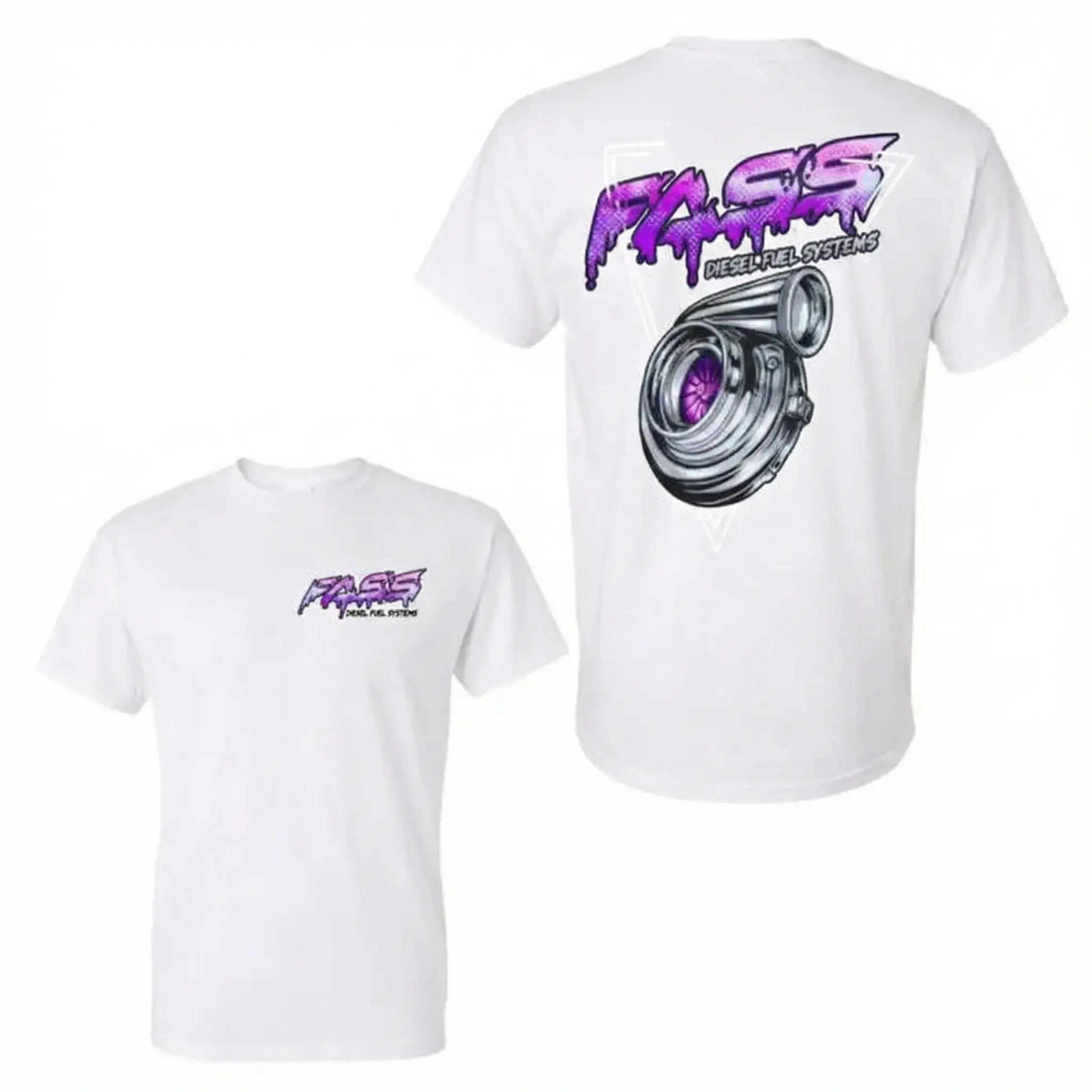 FASS Diesel Fuel Systems T-Shirt with Neon Purple Turbocharger and Graffiti Logo, Retro 2 Sides Graphic Tee, graphic t-shirts Suitable for all seasons - classic styles, fun graphic tee shirts, base layers, casual streetwear