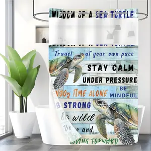 LVRLVR 1pc Nautical Sea Turtle Quote Shower Curtain Bathroom Decorations with "Wisdom of a Sea Turtle" Inspirational Print, Sheer Top Window, Detachable Liner & No Hook C-Ring, 70.8" x 74"