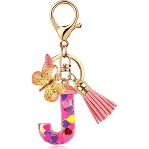 ChunlongFour Initial Letter Keychain for Women Girl Bag Charm Butterfly Tassel Keychain for Wallet Car Key Backpack Handbag
