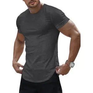 Mens Short Sleeve T Shirt Summer Muscle Slim Fitted Crewneck Longline Tees Shirts for Gym Workout
