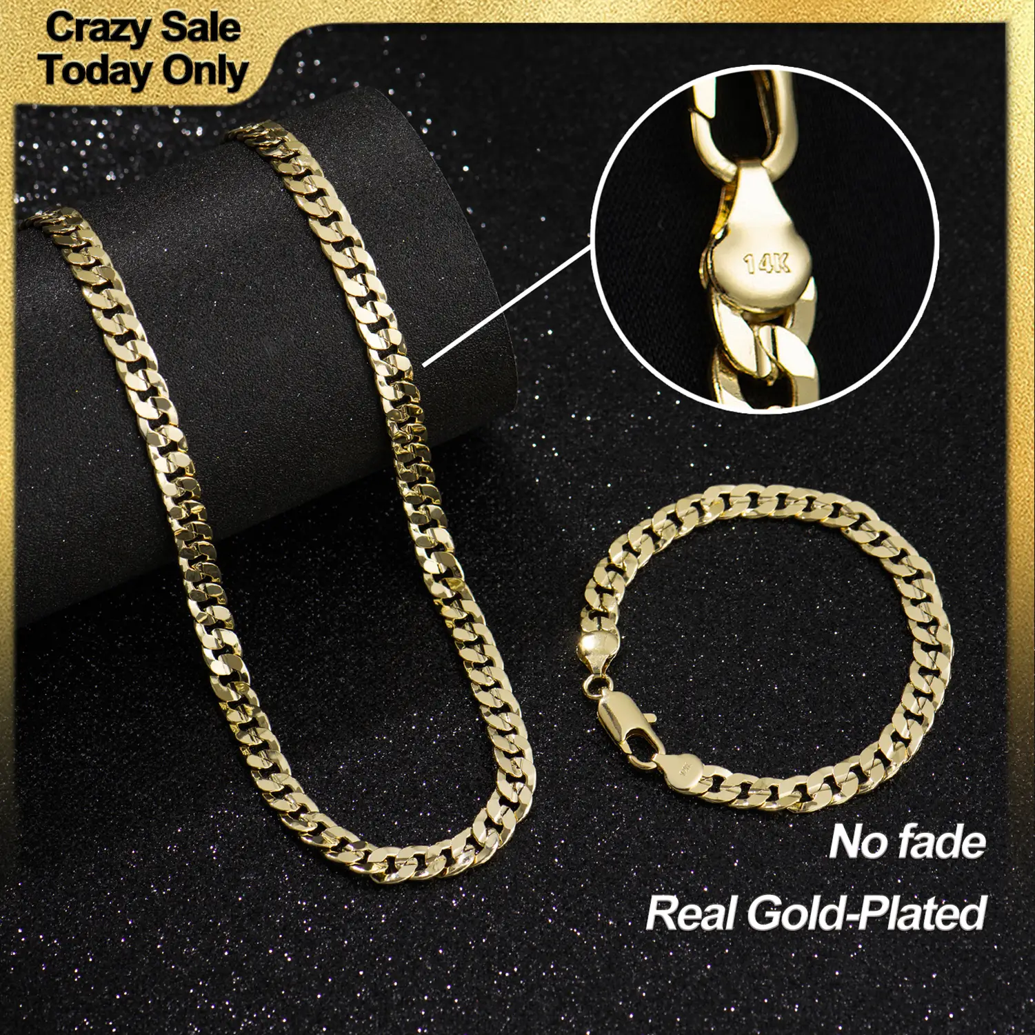 Holylegend 14K Real Gold-Plated Cuban, Rope Chain Necklace Set– Upgraded Craft, Faceted Cut,Tarnish-Free with Nanotechnology Coating, 24 Inches, 6mm/8