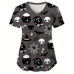 Women's Halloween-Themed V-Neck Scrub Top with Pockets - Comfortable & Stylish Short Sleeve Nurse Uniform, Polyester, Machine Washable, Featuring Spooky Print (Bats, Skulls, Cauldrrons) for Everyday & Healthcare Wear, Fun ScrubTops for Nurses scrubs women