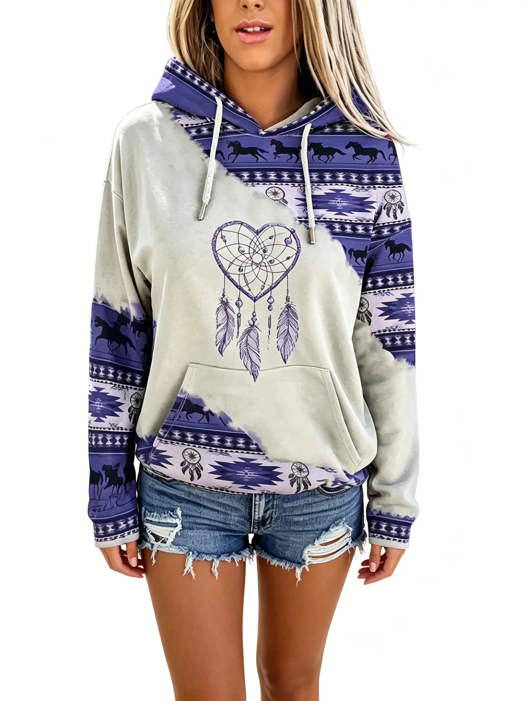 Women's Ethnic Tribal Aztec Hoodie – Horse & Heart Dreamcatcher Print, Navajo Geometric Pattern Color Block Long Sleeve Hooded Sweatshirt with Drawstring, Pocket, Boho Western Vintage Casual Pullover Top ﻿