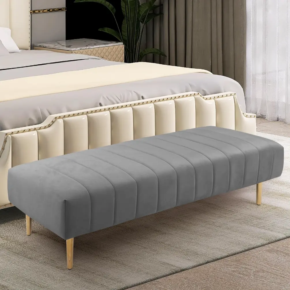 Velvet Bench 58 Inch Modern Ottoman Bench End of Bed Upholstered Footrest Stool with Gold Legs for Living Room Bedroom Dinning Room Entryway GreyShoe changing stool for door entrance home entrance designer cream style light luxury cloakroom rest footres