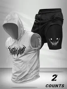 Men's Hooded Sleeveless Tank Top and Fake Two-Piece Sports Basketball Shorts Set, Monster Face Print Design, Casual Summer, Sportswear Set