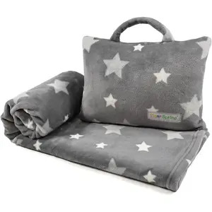 3-in-1 Kids Travel Pillow and Blanket Set - 40x60 Inches Soft Grey Star Design Travel Blanket Airplane Compact with Bag Ideal for Travel, Camping, Car Rides & Home Decor