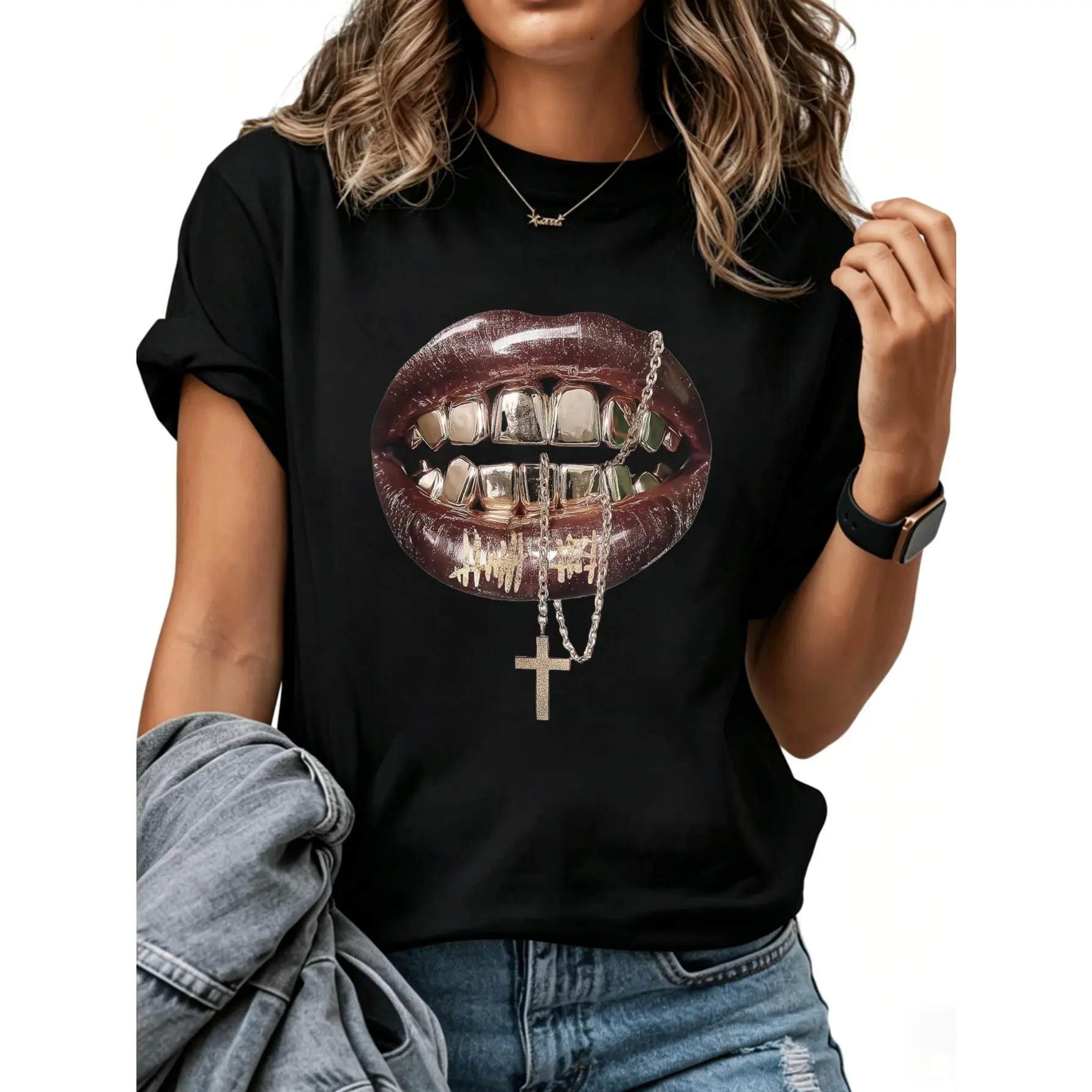 Unisex Short-Sleeve Cotton T-Shirt with Lips Grills, Cross Necklace, Planet Prints, Everyday Menswear Top