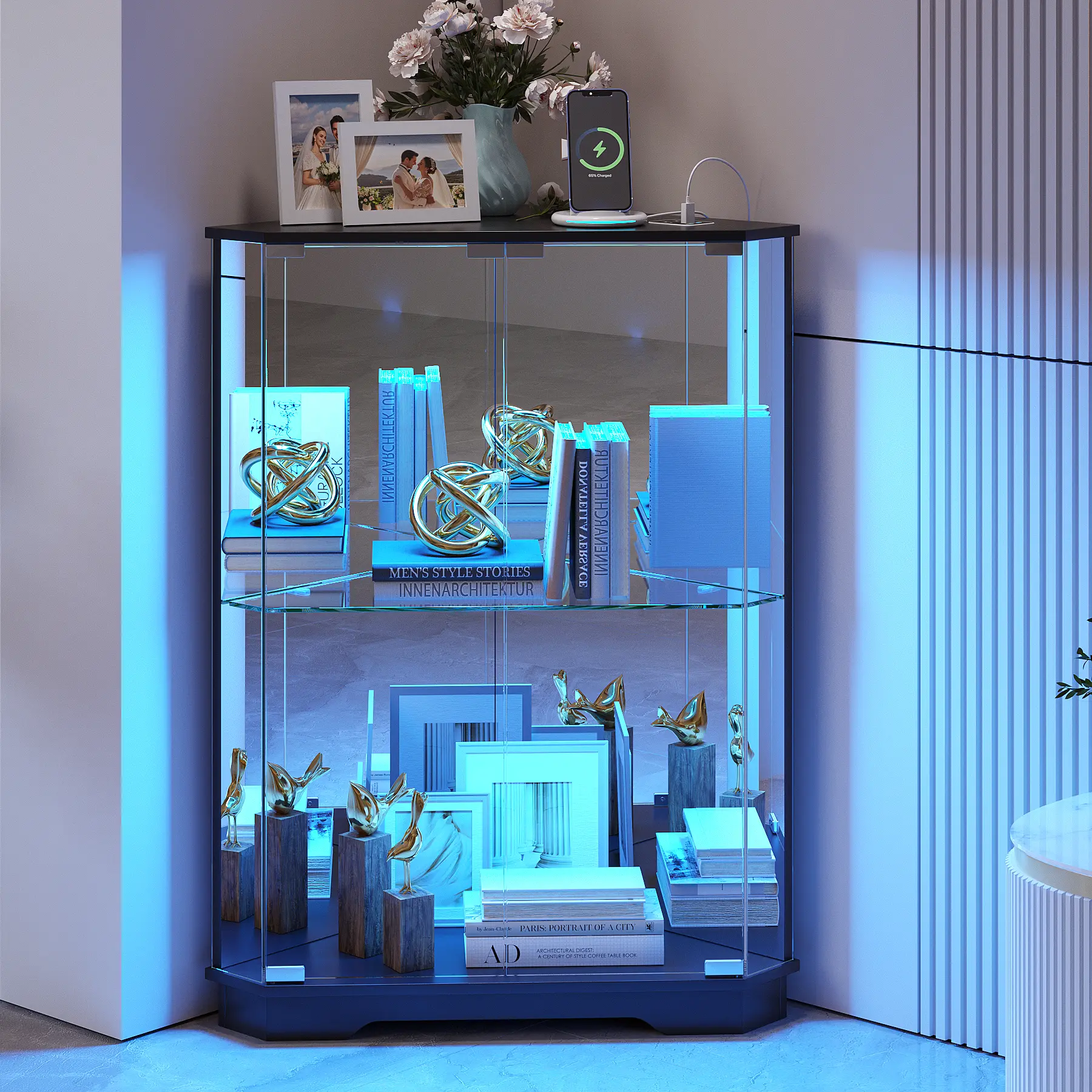 FREDEES Modern Corner Display Cabinet with Glass Doors - 2-Tier Mirrored Back Panel Curio, 3-Color LED Lighting, Charging Station, Storage Shelves (Modern Furniture)