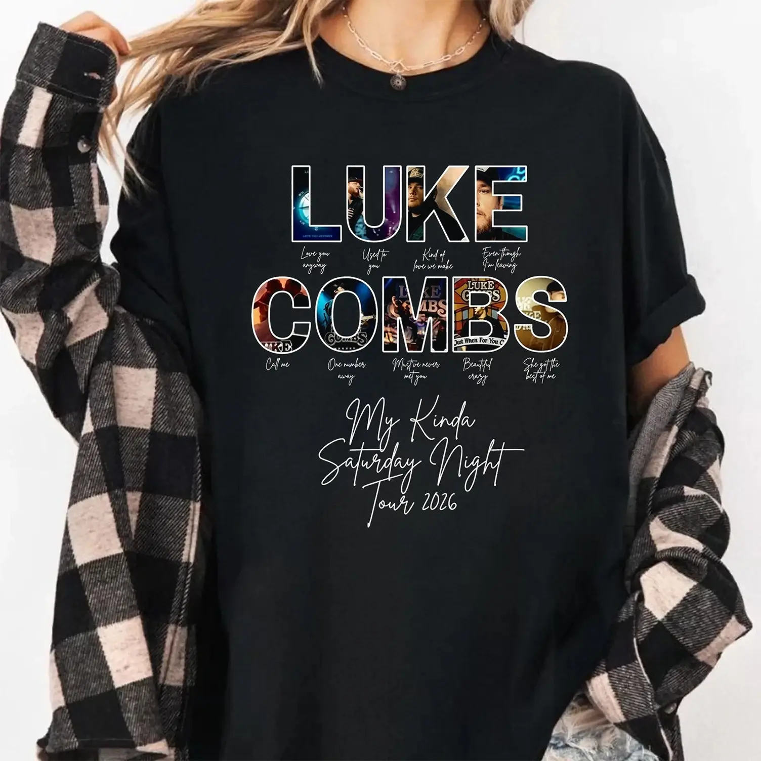 Women's Luke My Kinda Saturday Night 2026 Tour Graphic T-Shirt - Unisex Spandex Seamless Solid Shortsleeve Fabric Crewneck Streetwear Casual Top, Ribbed, Everyday, Printed, Round Neck, Fit, Loose