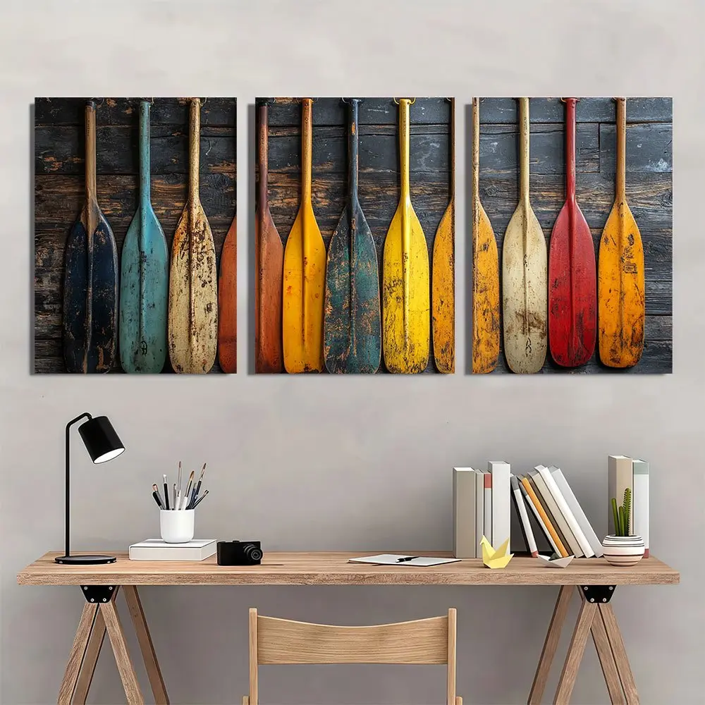 2D canvas painting, 3-piece framed canvas wall art, colorful oar design, recycled wood frame, each piece, rustic lakeside cottage decor, suitable for bedroom, living room, nautical theme, nautical decor, bedroom art, home decor, coastal design, durable st
