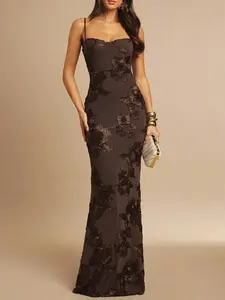 Women's Floral Slim Fit Long Dress, Thin Straps Heart Neck Formal Gown, Elegant Evening Wear, Perfect for Special Occasions