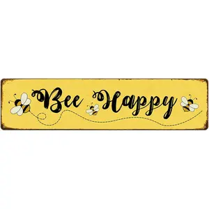Bee Happy Metal Tin Sign Positive Quote Wall Art Decoration Inspirational Bee Painting Home Farmhouse Kitchen Living Room Bedroom Bathroom Cafe Decor Encouragement Novelty Gift 16X4