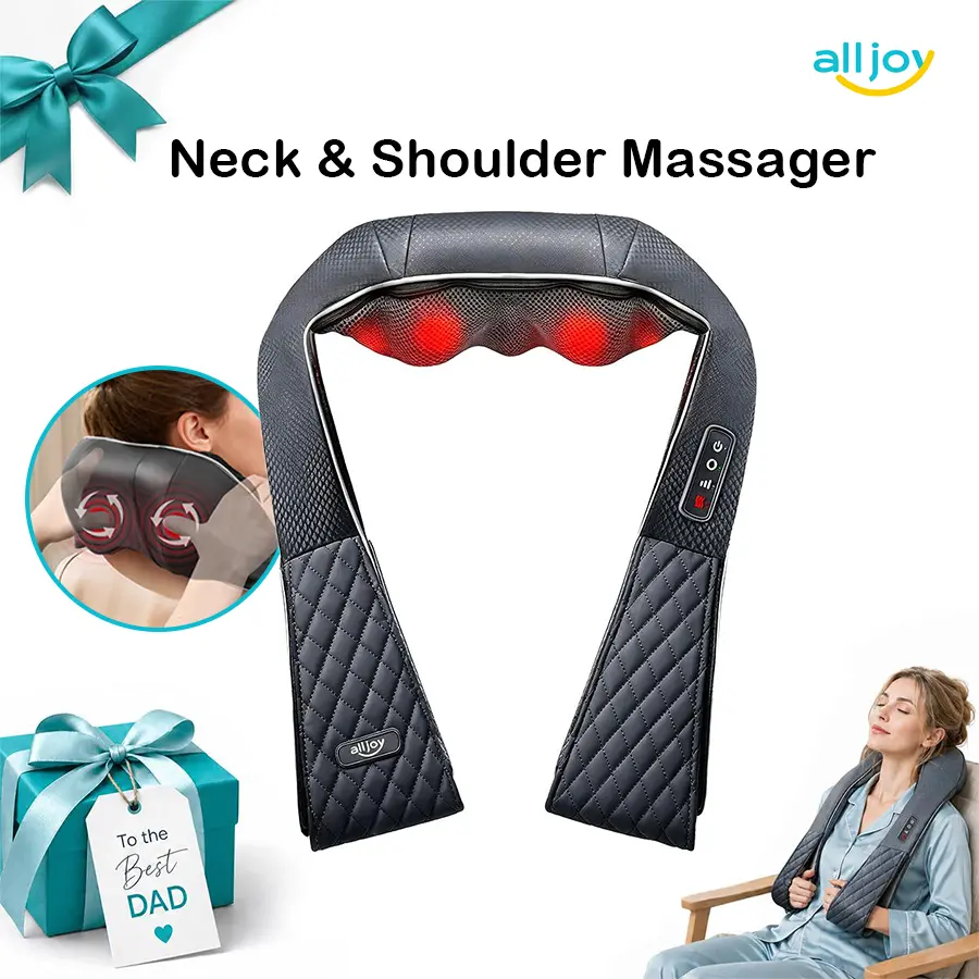 ALLJOY Cordless Shiatsu Neck & Shoulder Massager - USB Rechargeable, Kneading & Heat Functions, Neck Shoulder Relaxer for Muscle Pain Relief, Relaxing Gifts for Adults, Usb Rechargeable Massagers, Memory Foam, 34X32cm, Home/Gift
