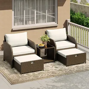 5-Piece All-Weather PE Wicker Patio Sofa Set - 2 Armchairs, 2 Ottomans, Tempered Glass Coffee Table, Outdoor Garden Conversation Furniture