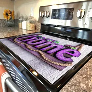1pc Purple "Home" Succulent & Heart Design Stove Top Protector - Charming Rubber Cover with Rope Accents, Perfect for Home Kitchens & Inviting Dining Areas, Kitchen Decor |   Decorative Stove Protector |   Decorative Kitchen Accessory, Stove Decor