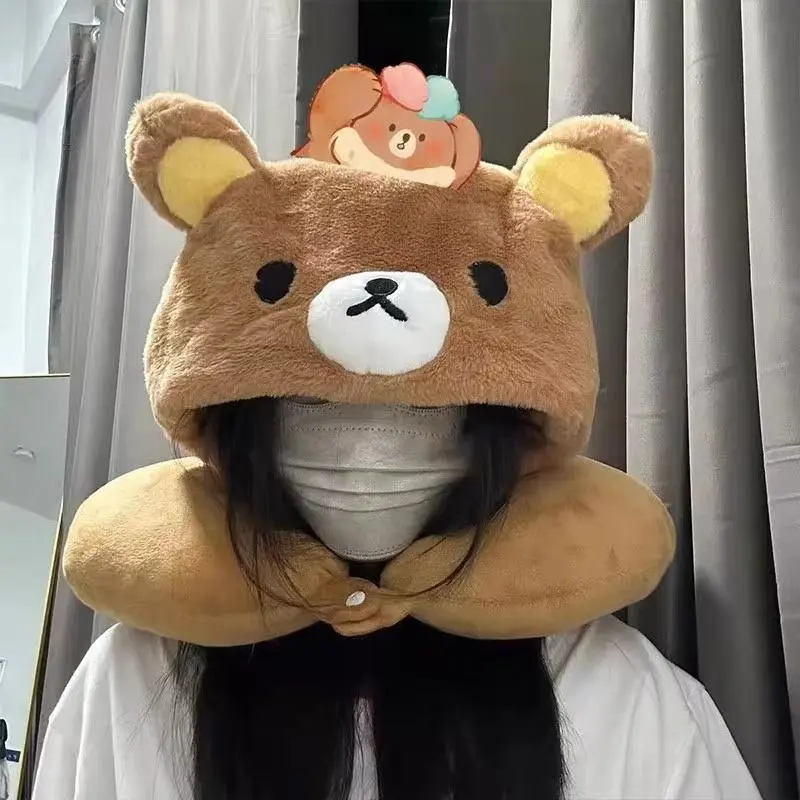 Rilakkuma Plush Toy Doll Travel Hooded U-Shaped Neck Pillow Soft Neck Support Pillow  For Plane/Cars/Office Napping Pillow