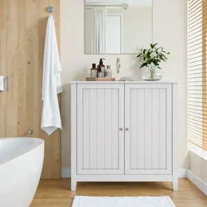 Double Door Storage Cabinet, Mid-Century Modern Freestanding Buffet Cabinet,Freestanding Bathroom Organizers and Storage with Doors & , Wooden Floor Cabinet for Home, Living Room, Entryway, Kitchen (White)
