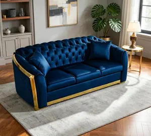 81" Luxury Velvet Chesterfield 3-Seat Sofa, Tufted Living Room Couch with Gold Stainless Steel Accents, New Packaging for Indoor Living Room Furniture