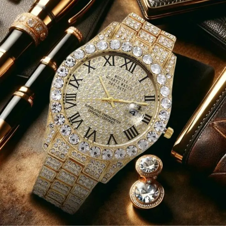Men's Fantasy Luxury Quartz Watches - Crystal Encrusted Elegant Gold Burst Wrist Watches, Fashionable Fall Accessory for Parties, Daily Wear, Gift-Giving, Crystal Encrusted Wrist Watches