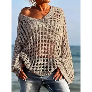 Plus size women's crochet knitted pullover, long sleeved, loose, lightweight in summer, suitable for various occasionsRAIMENTRY