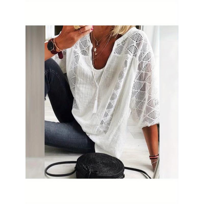 [Cotton Tunic Top] Cotton Plus Size Women's 3/4 Sleeve Top | Light Gray V-Neck Casual Loose Fit Shirt with Geometric Eyelet Detailing, High-Quality Autumn Tee for Layering or Standalone Asymmetrical De Fabric Polyester Blouse Womenswear Chic Elegant White