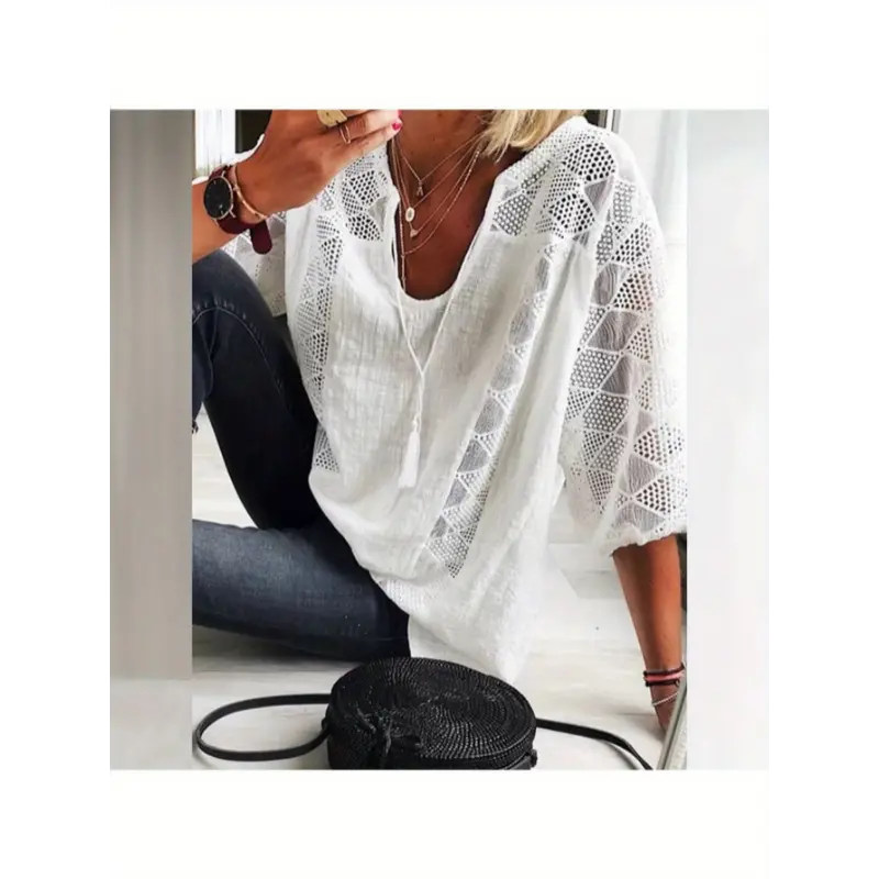 [Cotton Tunic Top] Cotton Plus Size Women's 3/4 Sleeve Top | Light Gray V-Neck Casual Loose Fit Shirt with Geometric Eyelet Detailing, High-Quality Autumn Tee for Layering or Standalone Asymmetrical De Fabric Polyester Blouse Womenswear Chic Elegant White