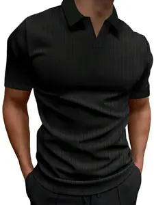 Men's Solid Vertical Stripe Polo Shirt, Slim Fit Base Layer, New Spread Collar V-Neck Short Sleeve, Casual Sports Pullover for Summer Daily Wear, Classic Versatile Inner or Outer Top, Today's Clearance Sale, Focus Item, Men's Wardrobe Essential.