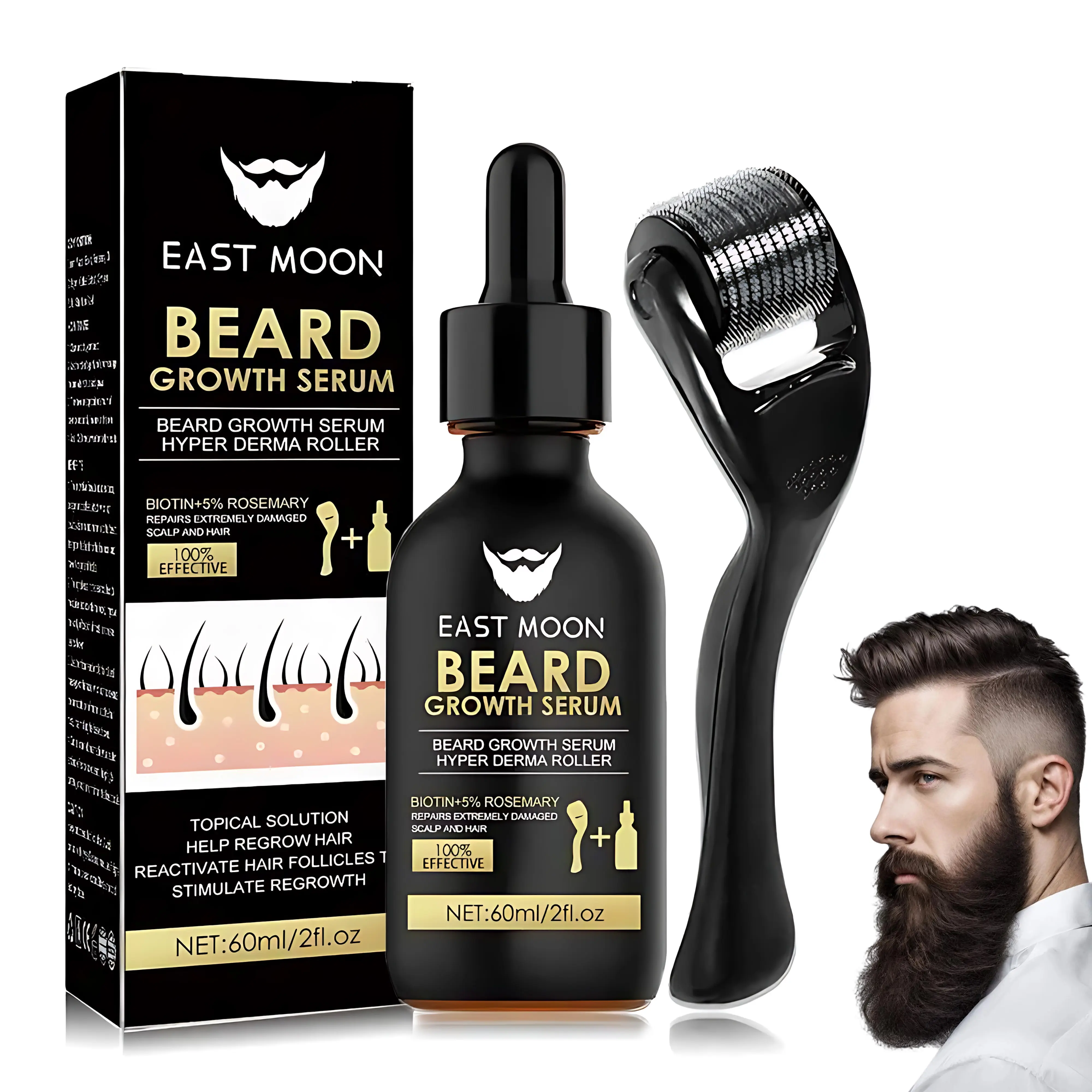 Beard Growth Kit - Beard Growth Serum & Derma Roller, 60ml Nutritional Oil for Thicker Shiny Beards, Fuller Beard Growth, Fills Patchy Spots Fast, Daily Beard Care Tools, Men's Grooming Gifts, Father's Day Gifts