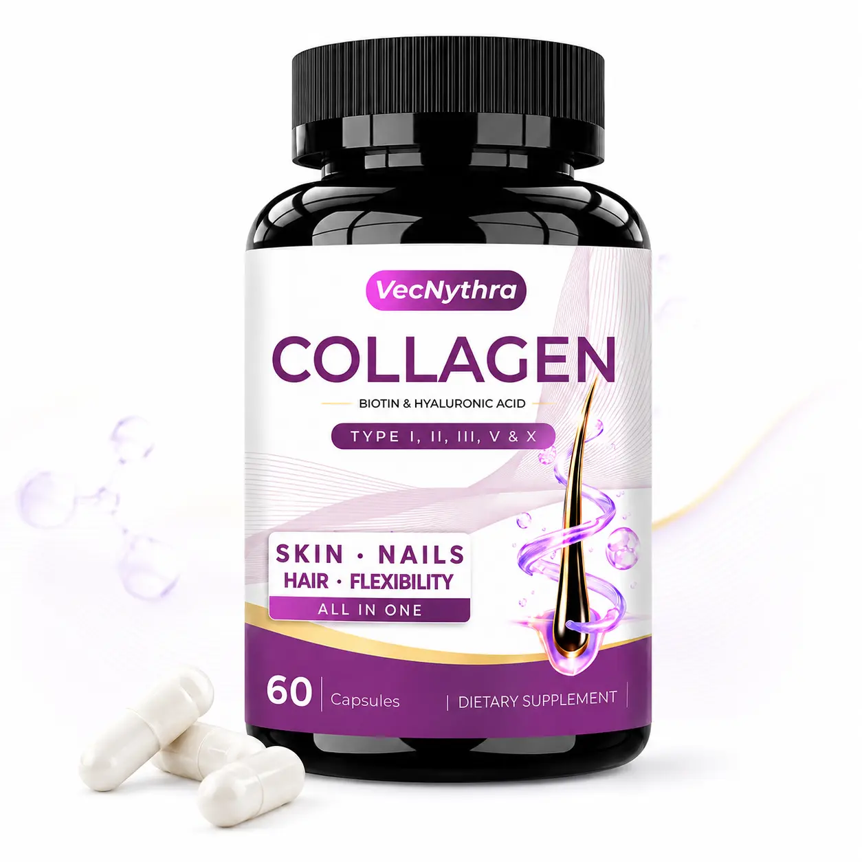 VecNythra 5-Type Multi Collagen Capsules with Biotin, Hyaluronic Acid & Vitamin C, Types I, II, III, V & X Healthcare Edible