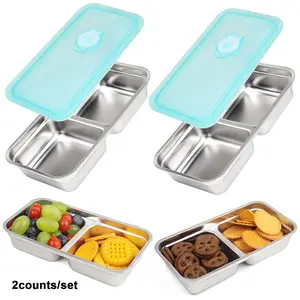Stainless Steel Snack Containers, 2 Counts Rectangular Grab and Go Snack Containers Reusable, Double Compartment Food Storage Containers with Lids for Travel and Outdoor Camping, Leakproof Container
