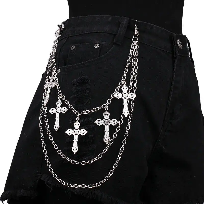 Unisex Silvery Alloy Punk Cross Motif Layered Bling Chain Wallet Accessory - Shiny Finish, Hip Hop Vintage Fashion, Non-Pierced Edgy Body Jewelry for Bikers, 1 Size, Fits Male & Female, Ideal for Husband