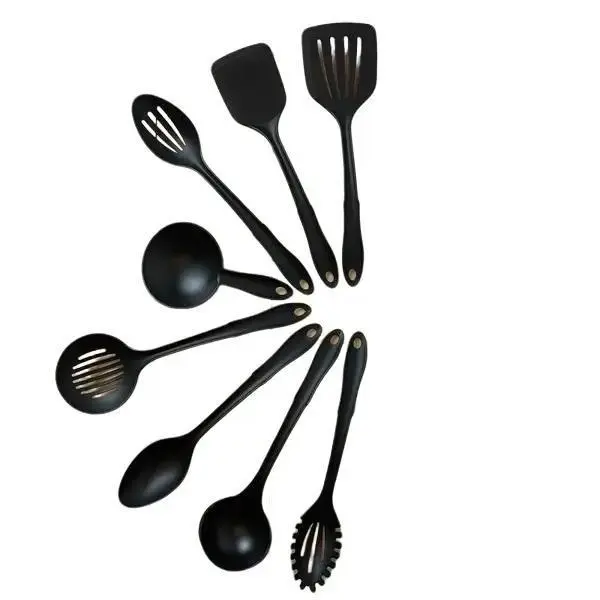 8-Piece High Quality Nylon Kitchen Utensil Set, Black Color, Pasta Server, Strainer, Spoon Rest, Ladle, Slotted Basting Spoon, Solid Basting Spoon