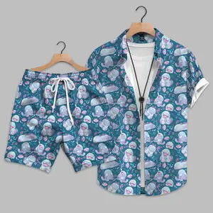 Men's 2-Piece Hawaiian Shirt & Shorts Set, Menswear, Aesthetic Cute Cartoon Dog Print, Oversized Y2K Streetwear, Summer Beach/Lounge Casual Outfits, Trendy Gift for Men