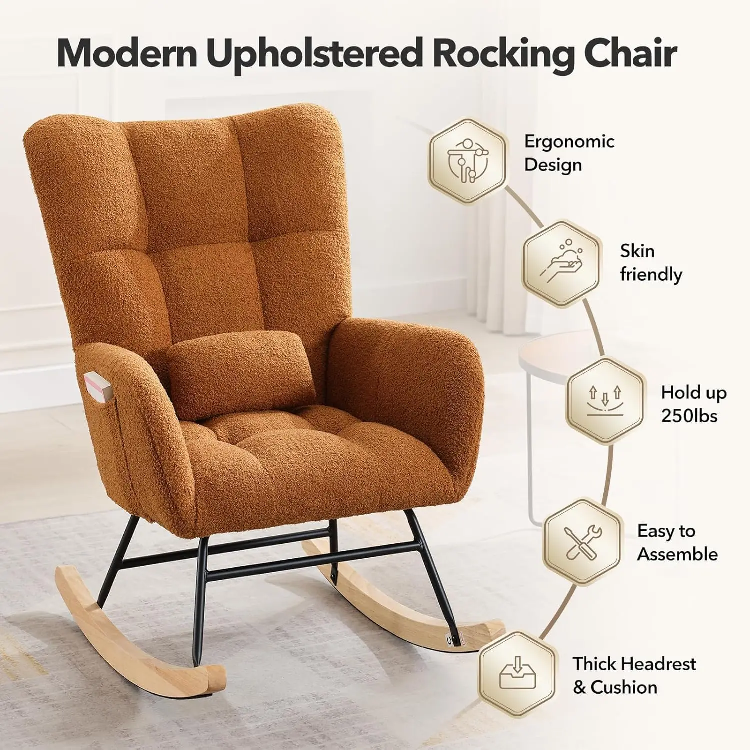Garvee Rocking Chair Nursery, Teddy Upholstered Glider Rocker with High ...