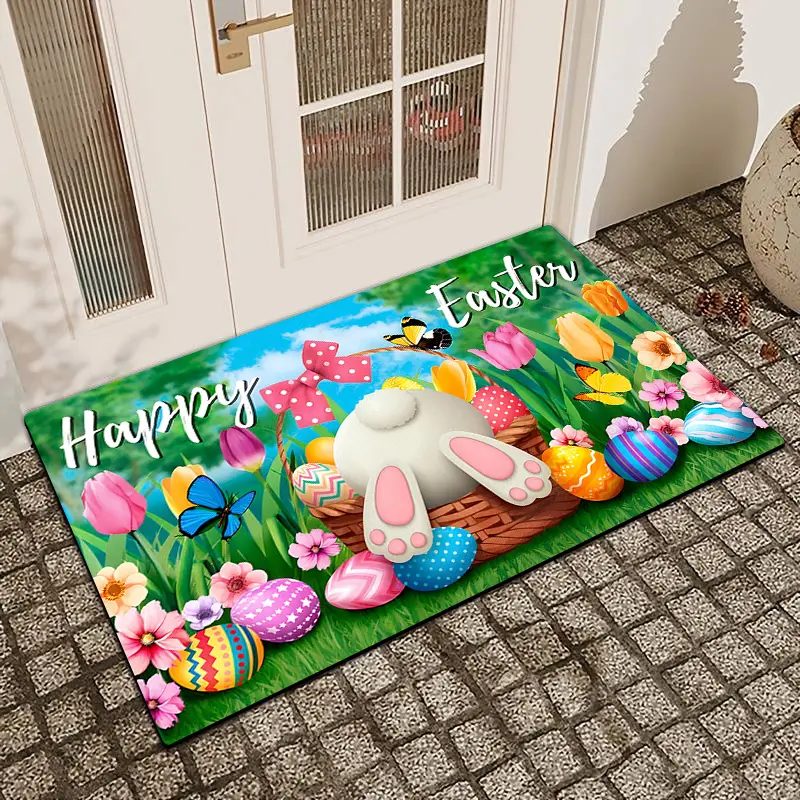 1 pc Easter Bunny Eggs and Flowers Printed Door Mat Flax Surface Diatomaceous Earth Non-Slip Water-Absorbing Entrance Door Mat Indoor Outdoor Printed Holiday Home Decor
