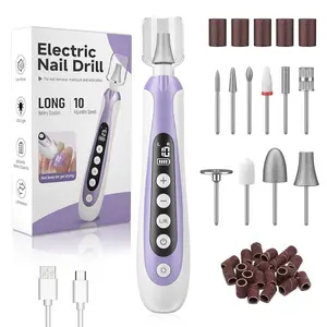 Nail Drill, Electric Nail File & 10-Speed Cordless Nail File, 10 in 1 Kit for Thick Toenails, 2000mAh Rechargeable Portable Manicure Pedicure Kit with LED Display Ideal Gift for Men & Women(Purple)