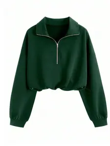 Women's Plain Long Sleeve Casual Retro American Half-Zip Sports Shirt, Fitted Style, No Ca_prop_65_ca/re, Not Vest, Pattern Pro