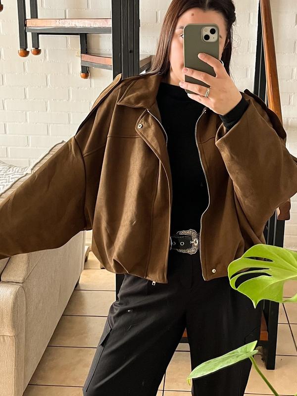 Women's Cropped Suede Jacket Demi-Season Bomber Jacket Female Outerwears Street Long Sleeve Oversized Black Brown Green Red Jacket Woman Fashion Zip Up Short Coat