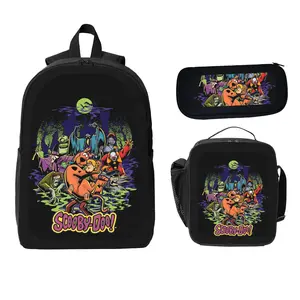 Scooby-Doo Theme Backpack Set Retro Cartoon Print Black 3-Piece Set Backpack Pencil Case Insulated Lunch Bag for Fans