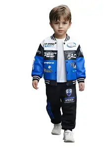 Boys' Motorcycle Racing Letter Print Long Sleeve Jacket and Casual Pants Set, Spring & Fall, Outdoor Sports, School Party Gift
