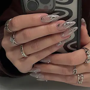 Collection 1 Press on Nails Almond Black Gold Sliver Pink Fire Shaped Stick on Nails Shining Rhinestone Fake Nails with Nail Glue Tool Set