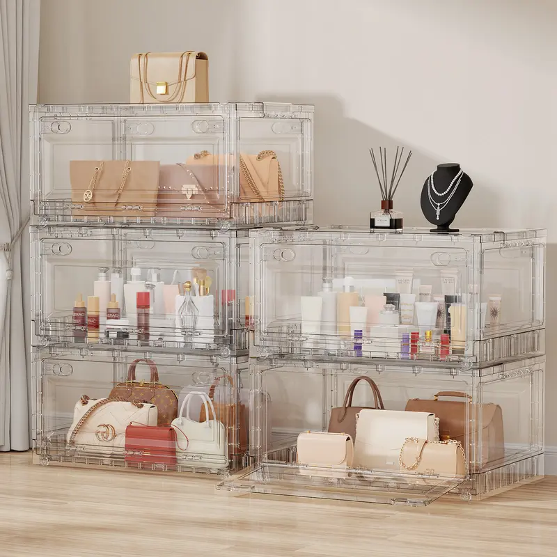 BROVIEW Clear Stackable Storage Bins Drawers, Open Front Large Plastic Storage Bins with Lids, Foldable Closet Organizers and Storage for Wardrobe Cabinets, Pantry, Makeup