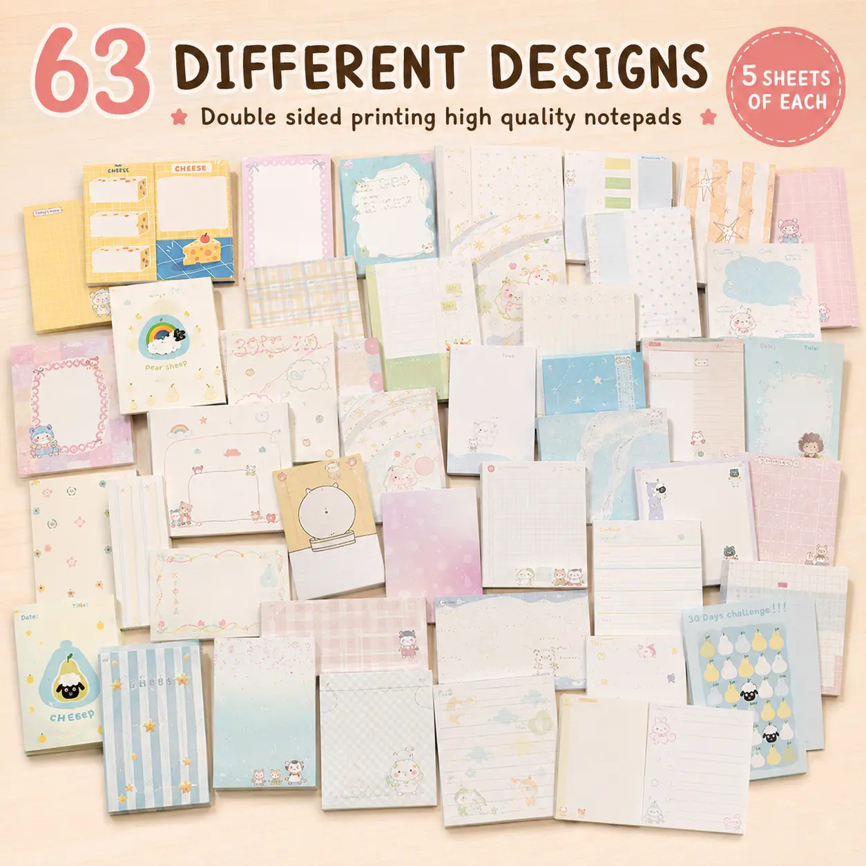 63 Designs Cute Memo Notepad Paper Set, 315 Sheets, Double-Sided Printed 120gsm Writing Paper, Loose Leaf Scrapbook Paper for Journaling, Planner, Notes & DIY Crafts